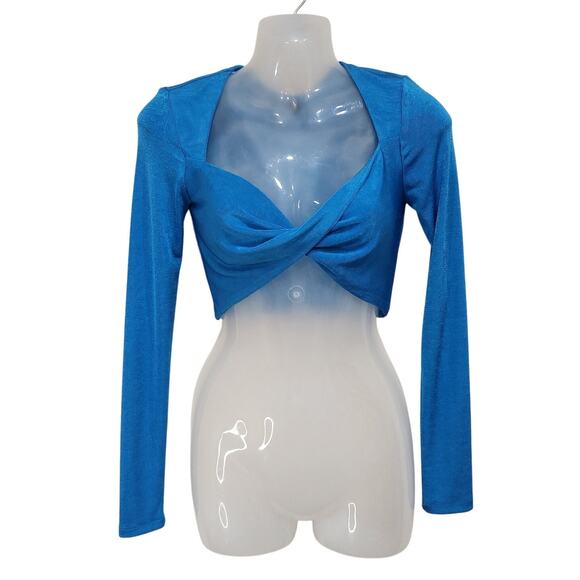 White Fox Front Twist Jersey Long Sleeve Crop Top Sweetheart Neck Blue Size XS - Picture 1 of 10